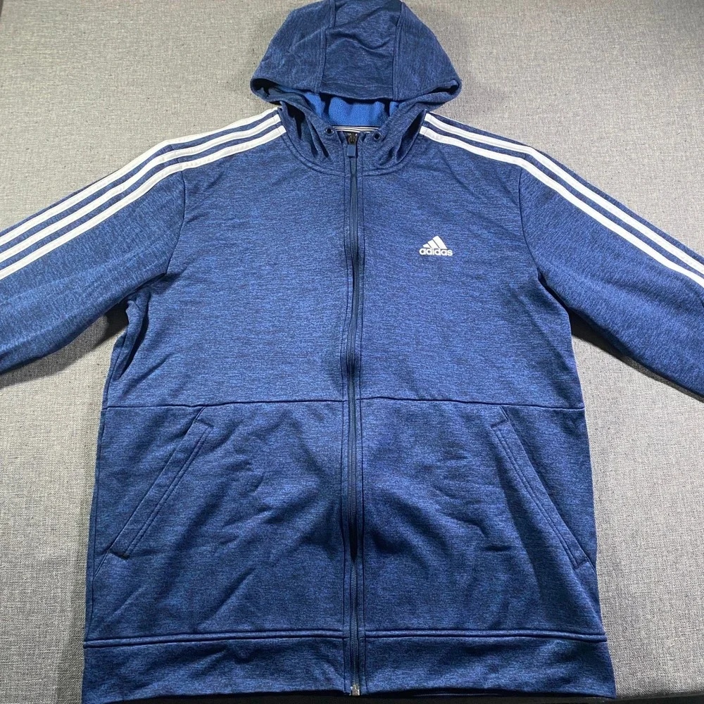 Adidas Men's Blue 3-Stripes‎ Heather Full Zip Hoodie Athletic Track Jacket Large